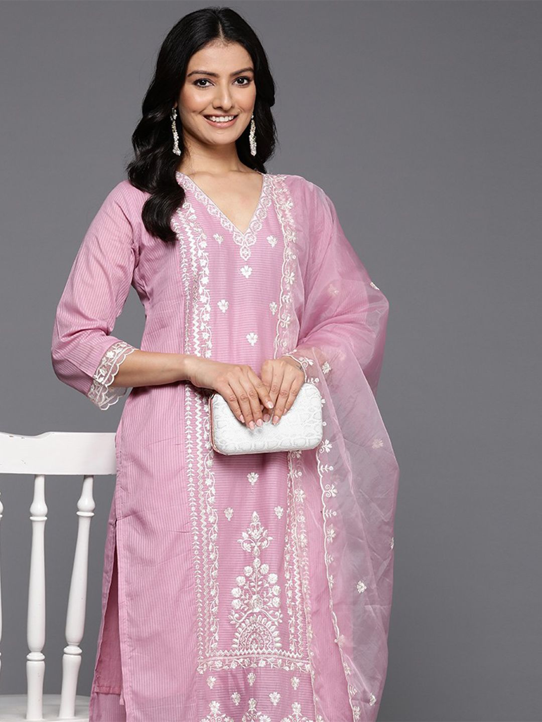 Dhiyona VA Women's Floral Embroidered Thread Work Cotton Kurta with Trousers & With Dupatta