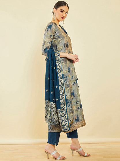 Dhiyona SO Women's Printed Beads And Stones Kurta With Trousers & Dupatta