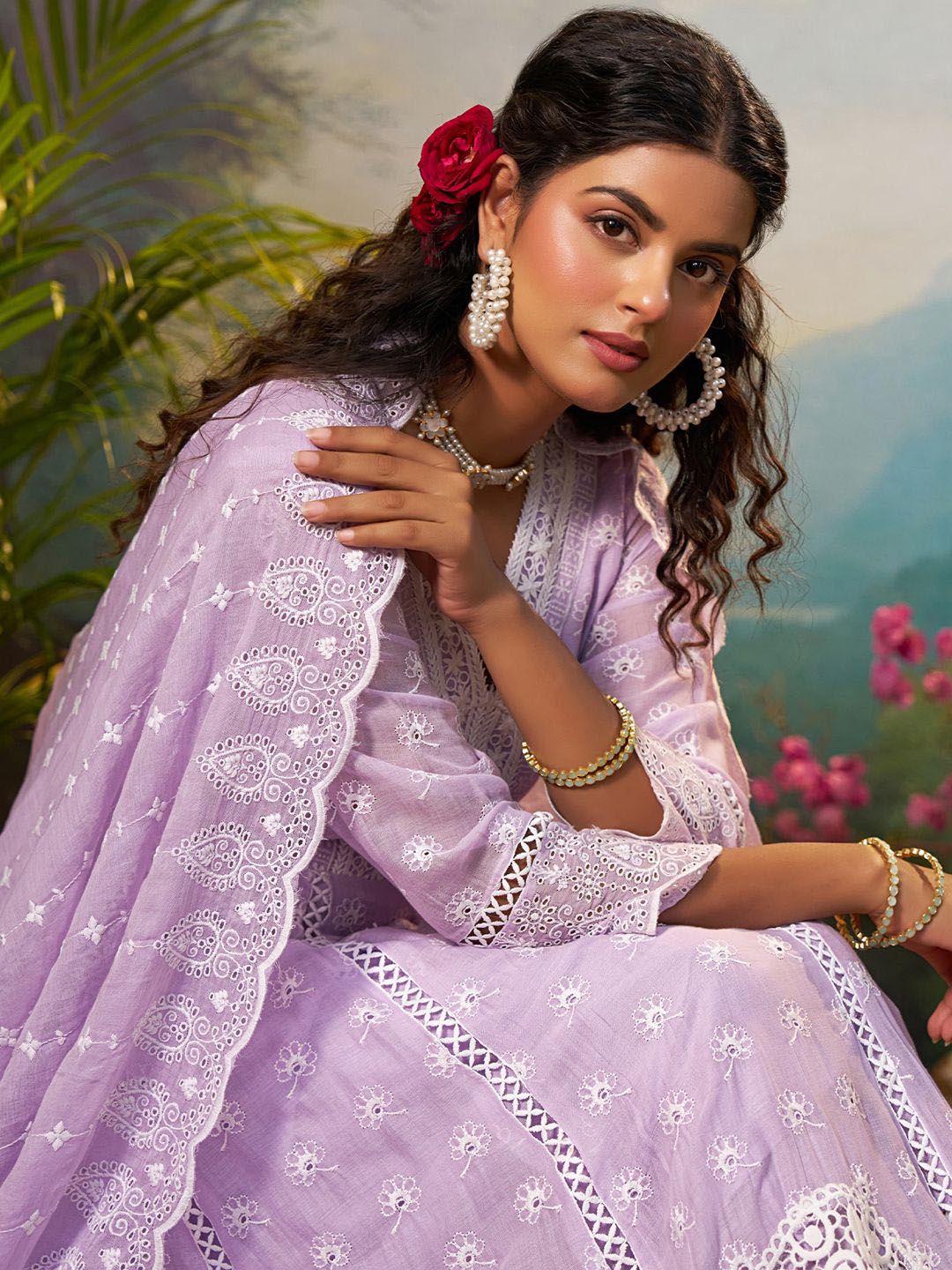 Floral Embroidered Pure Cotton Anarkali Kurta With Trousers & Dupatta