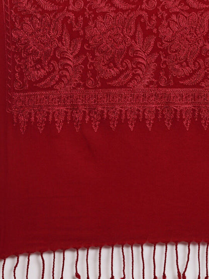 Dhiyona PA Women Maroon Embroidered Pure Wool Shawl