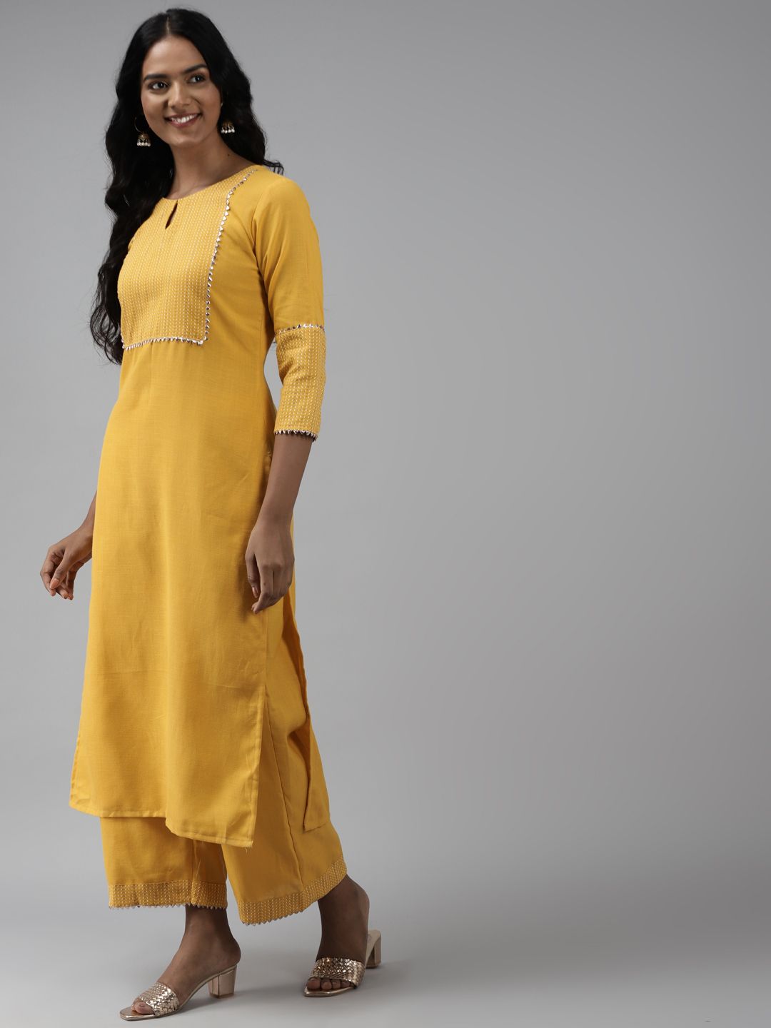 Women Yellow Yoke Design Regular Kurta with Palazzos & Dupatta