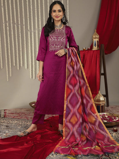 Dhiyona VA Women's Magenta Ethnic Motifs Yoke Design Kurta with Trousers & With Dupatta