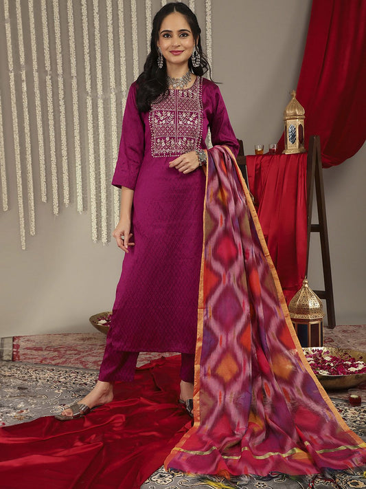 Dhiyona VA Women's Magenta Ethnic Motifs Yoke Design Kurta with Trousers & With Dupatta
