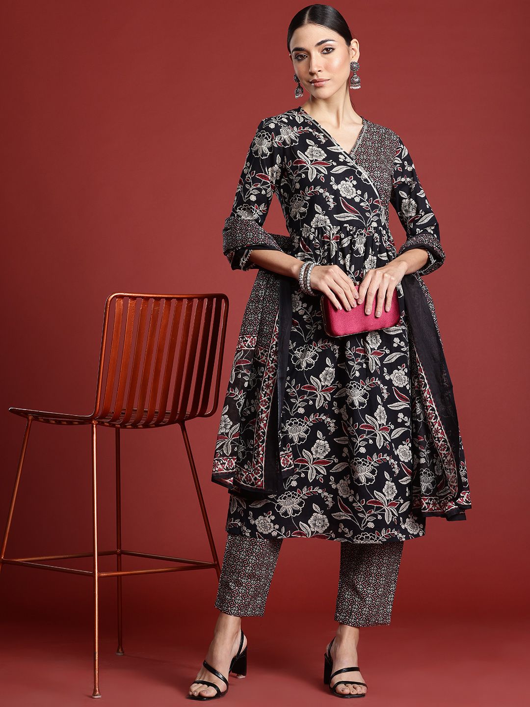 Floral Printed Angrakha Gotta Patti Pure Cotton Kurta Set & Dupatta