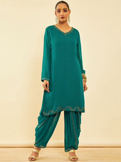 Dhiyona SO Women's Embroidered V-Neck Long Sleeves Beads and Stones Kurta Set