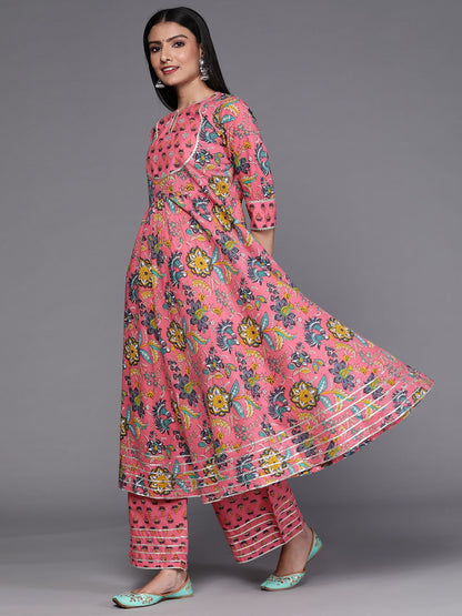 Dhiyona LB Women's Women Pink Floral Printed Panelled Pure Cotton Kurta with Palazzos & With Dupatta