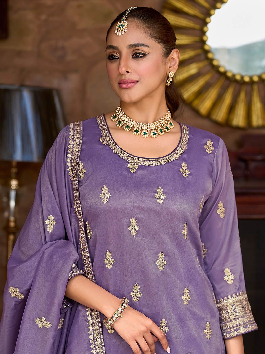 Ethnic Motifs Embroidered Round Neck Zari Straight Kurta & Palazzos With Dupatta