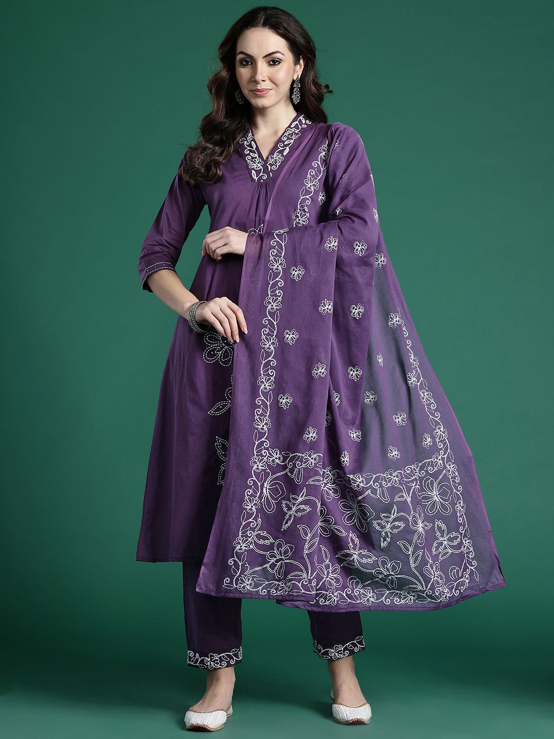 Dhiyona IE Floral Embroidered Pure Cotton Kurta with Trousers & Dupatta