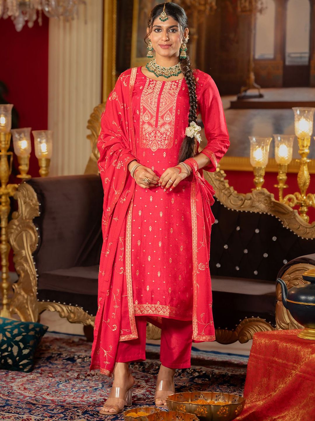 Women Ethnic Motifs Regular Kurta with Trousers & With Dupatta