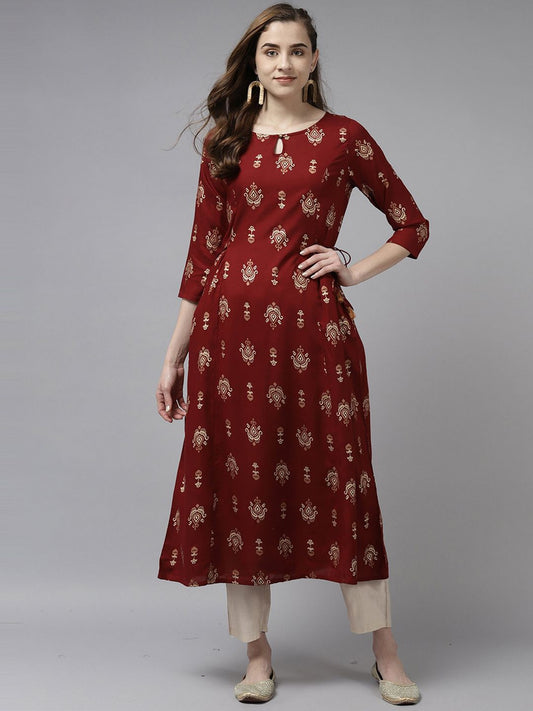 Dhiyona IE Women Maroon Keyhole Neck Kurta