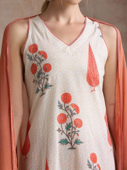 Women's Floral Printed Pure Cotton Straight Kurta with Palazzos & With Dupatta