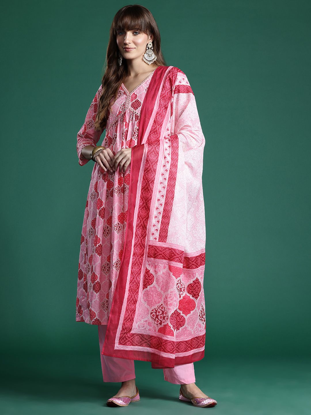 Dhiyona IE Ethnic Motifs Printed Empire Mirror Work Pure Cotton Kurta Set