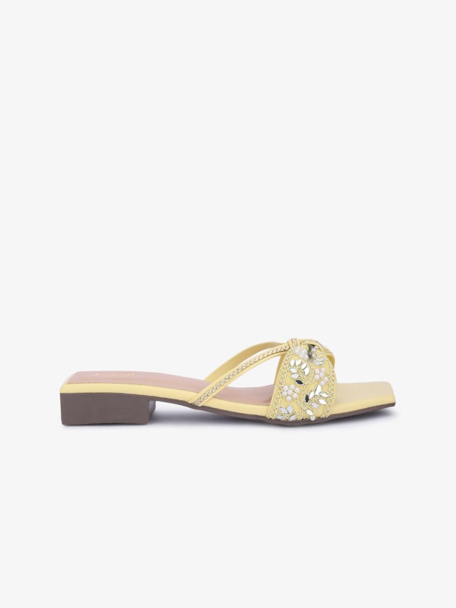 Dhiyona AK Yellow Ethnic Embellished Open Toe Flats