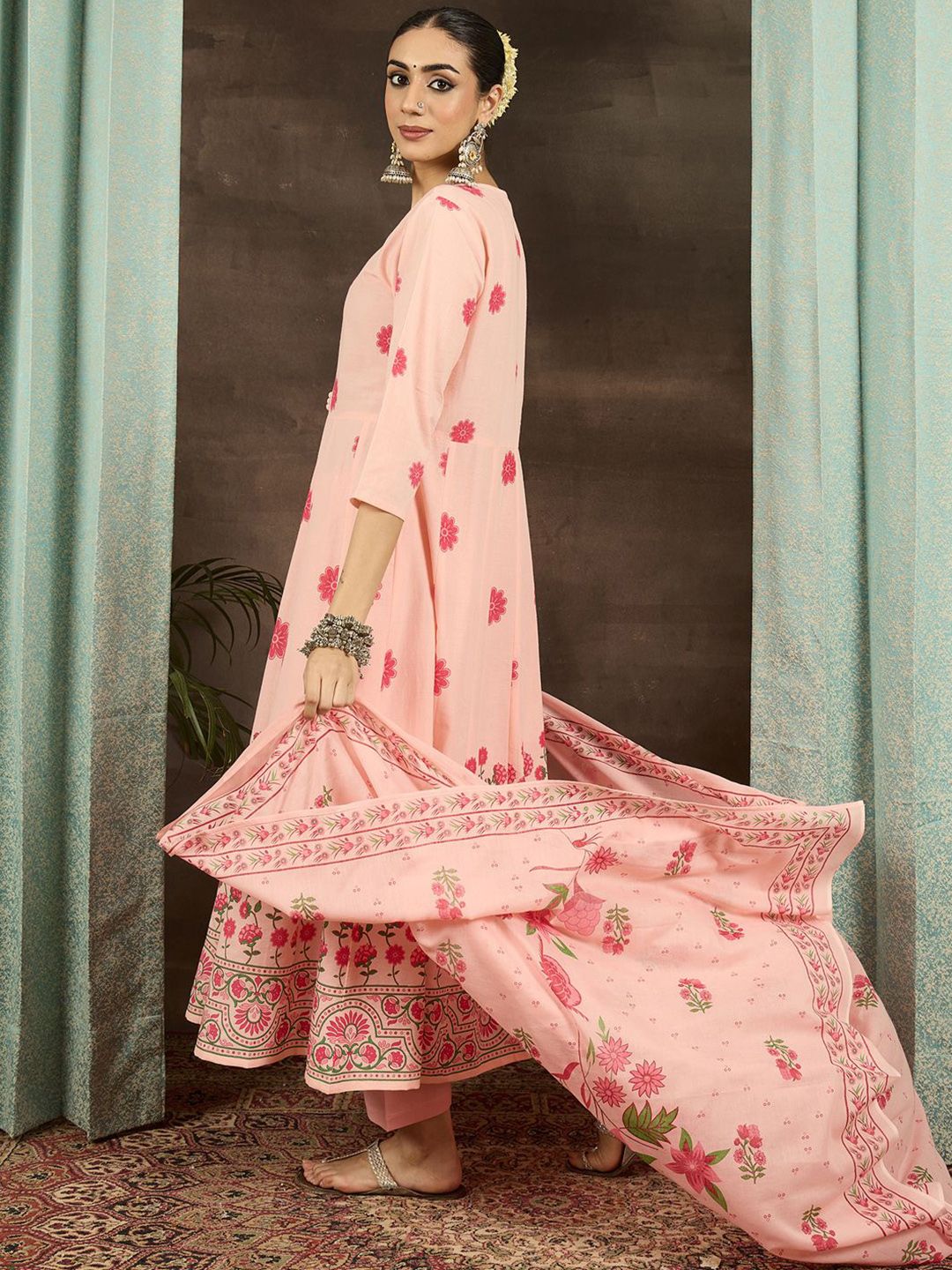 Floral Printed Round Neck Pure Cotton Anarkali Kurta With Trousers & Dupatta