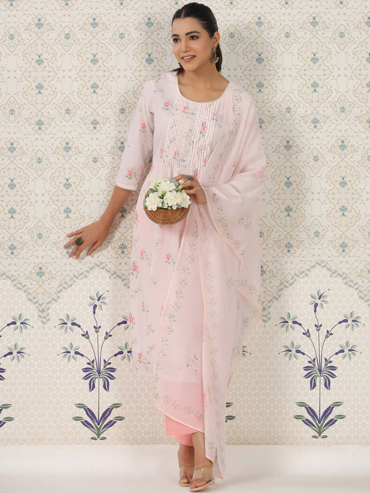 Dhiyona OD  Floral Printed Pleated Kurta & Trousers With Dupatta