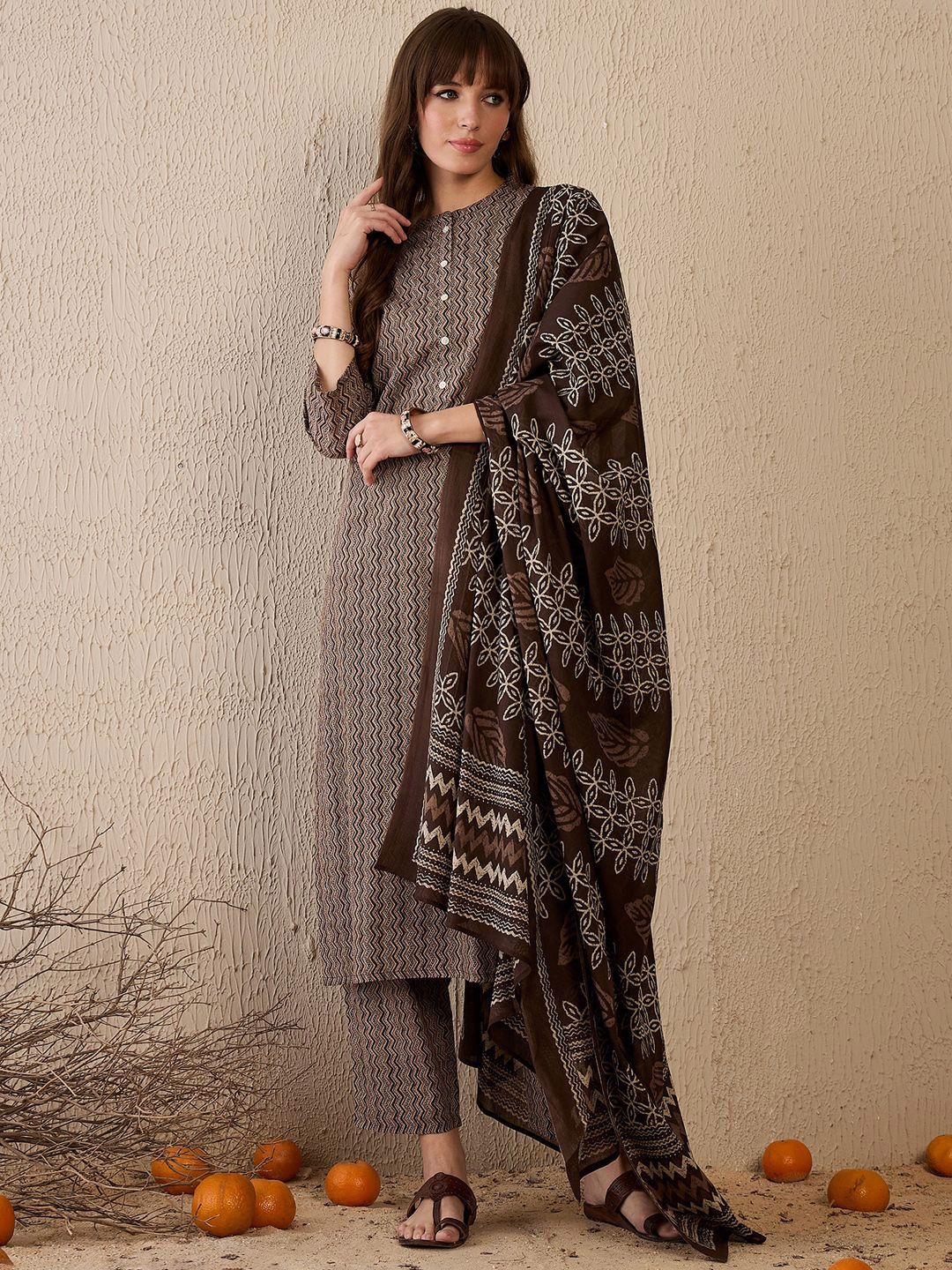 Dhiyona IE Women Printed Regular Pure Cotton Kurta with Trousers & With Dupatta