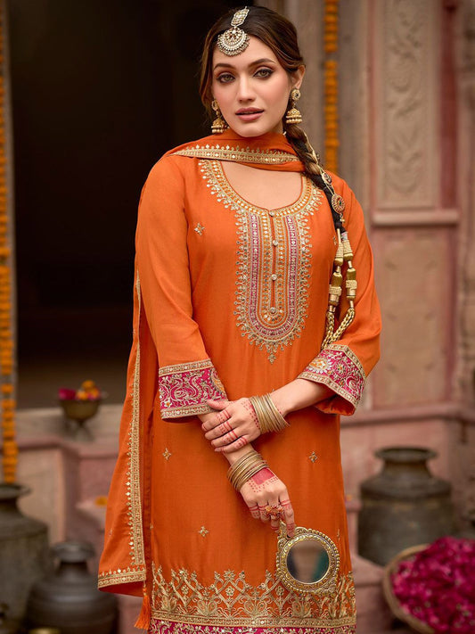 Dhiyona IE Floral Embroidered Sequinned Chinon Straight Kurta With Trousers & Dupatta