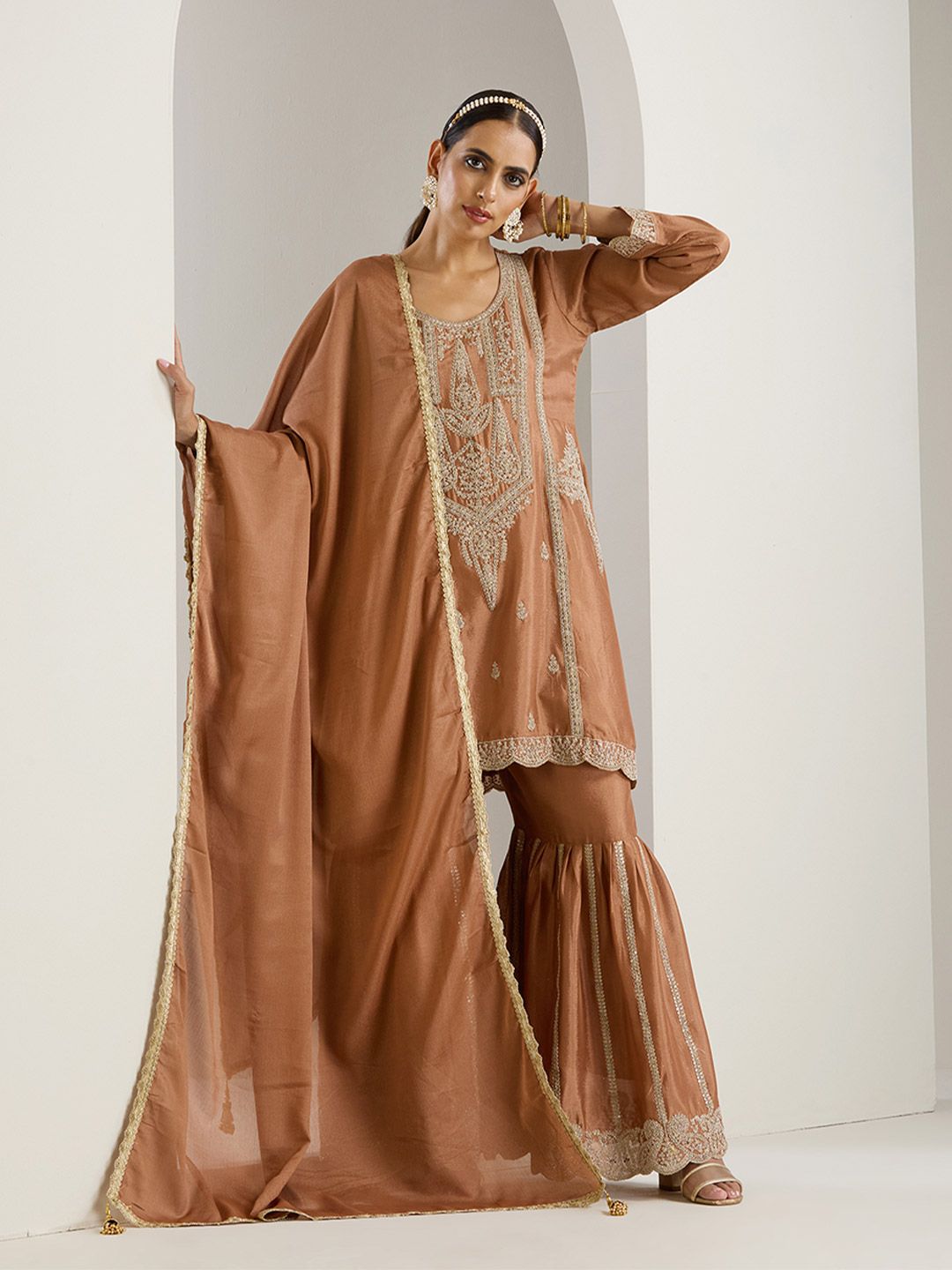 Dhiyona IS Women's Ethnic Motifs Embroidered Regular Thread Work Straight Kurta with Sharara & Dupatta