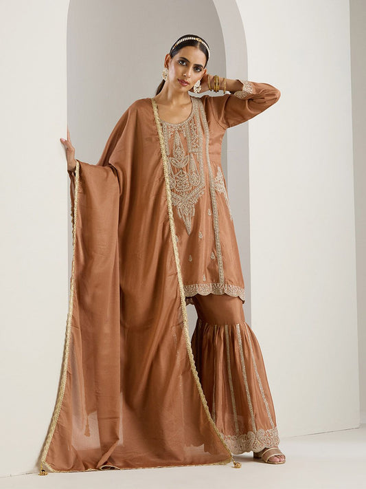 Dhiyona IS Women's Ethnic Motifs Embroidered Regular Thread Work Straight Kurta with Sharara & Dupatta