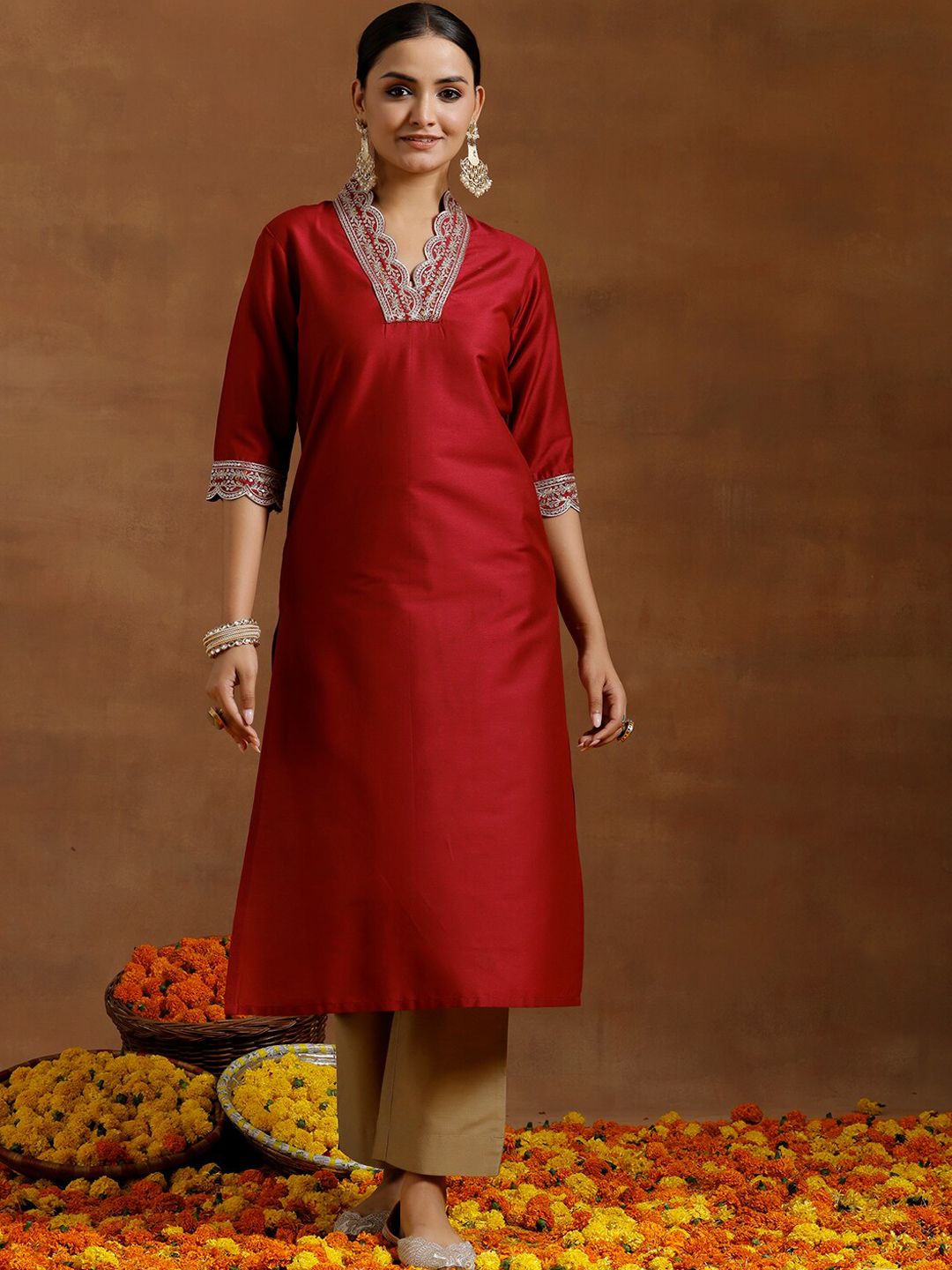 Dhiyona LB Women's Floral Yoke Design V-Neck Silk Thread Work A-Line Kurta