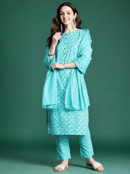 Geometric Printed Pure Cotton Kurta with Trousers & Dupatta