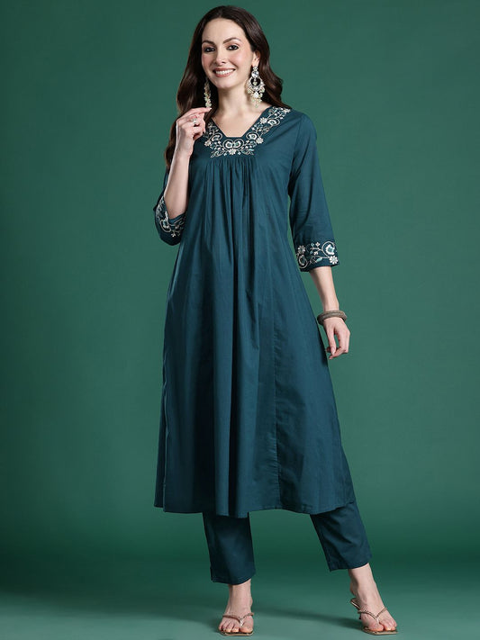 Dhiyona IE Floral Embroidered Pleated Thread Work Pure Cotton Kurta with Trousers