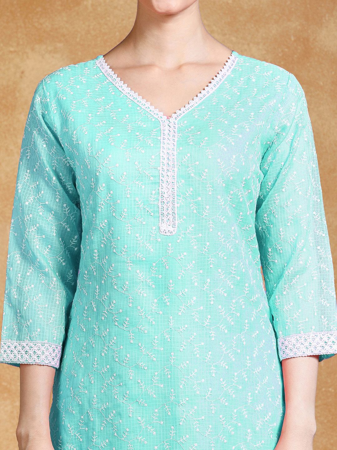 Dhiyona VA Women's Floral Embroidered Regular Thread Work Kurta with Trousers & Dupatta