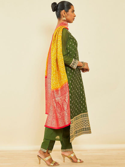 Dhiyona SO Women's Ethnic Motifs Embroidered Sequinned Chanderi Silk Straight Kurta Set