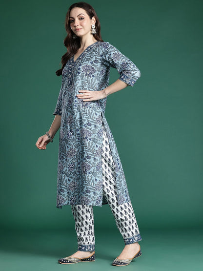 Dhiyona IE Floral Printed Regular Pure Cotton Kurta with Trousers & Dupatta