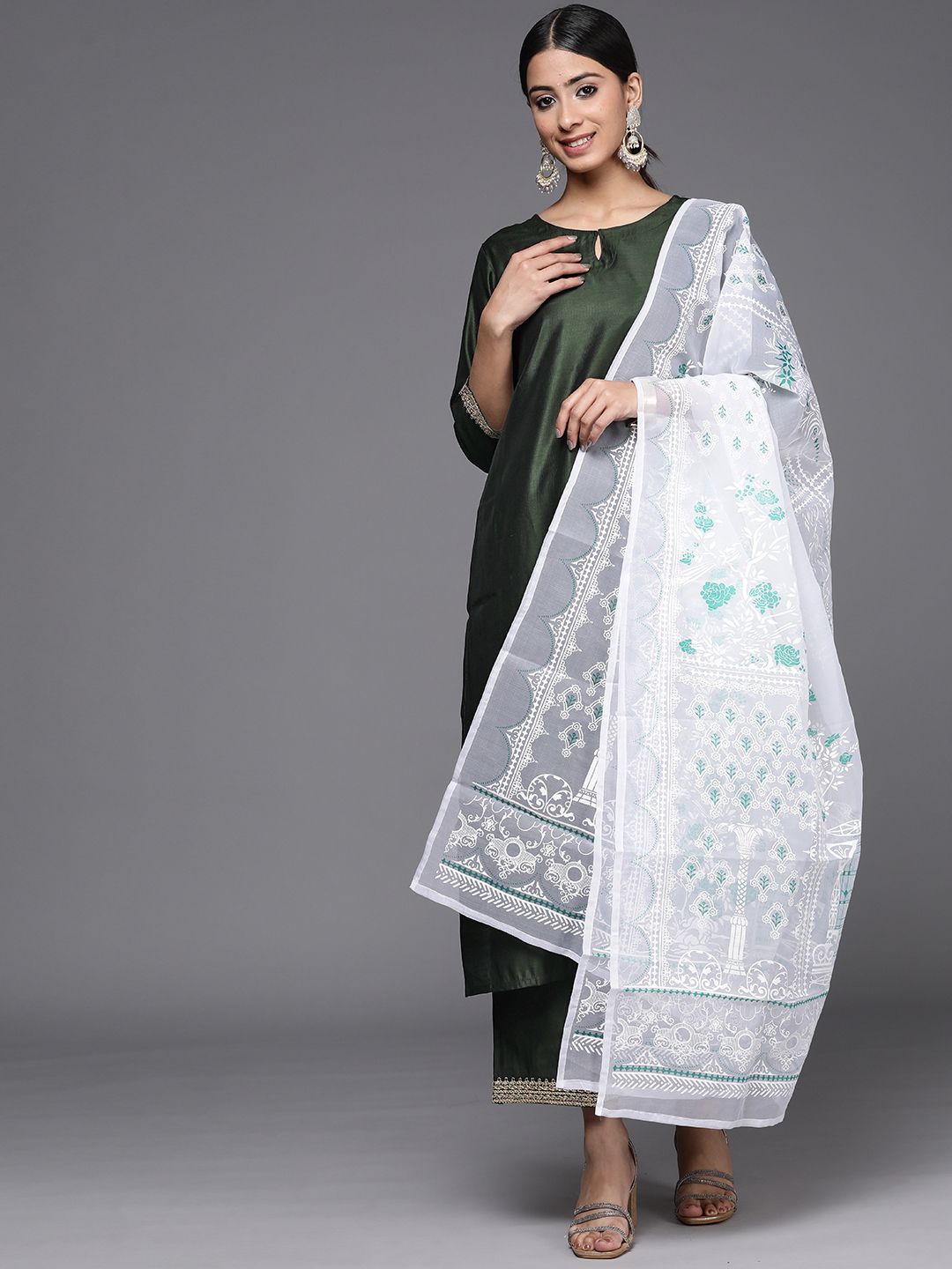 Women Green Sequinned Liva Kurta with Palazzos & With Dupatta