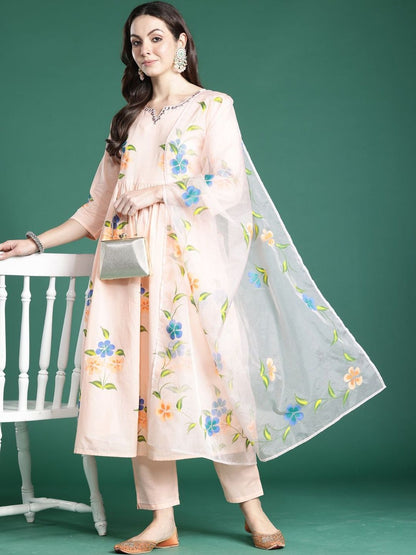 Women Floral Printed Empire Thread Work Pure Cotton Kurta with Trousers & With Dupatta