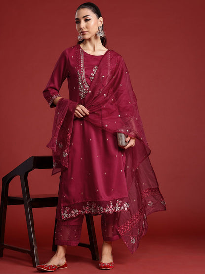 Dhiyona IE Ethnic Motifs Embroidered Thread Work Kurta With Trousers & Dupatta