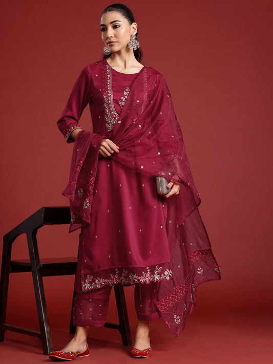 Dhiyona IE Ethnic Motifs Embroidered Thread Work Kurta With Trousers & Dupatta