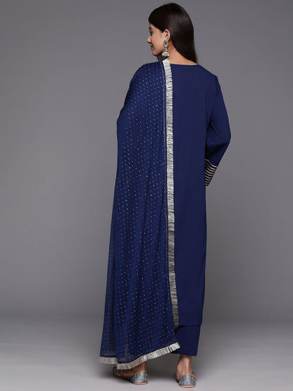 Dhiyona VA Women'sNavy Blue V Neck Flared sleeves Kurta with trouser and dupatta