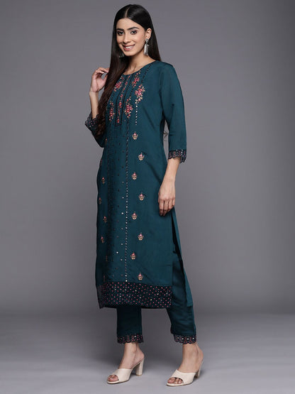 Dhiyona VA Women'sTeal Floral Embroidered Kurta with Trouser & Dupatta