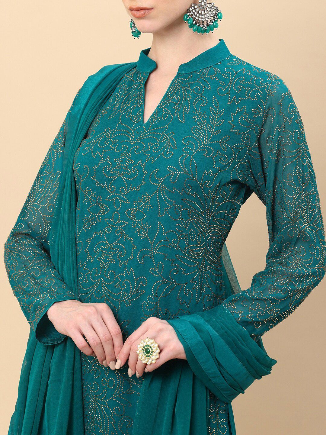 Dhiyona SO Women's Women Green Ethnic Motifs Kurti with Sharara & Dupatta