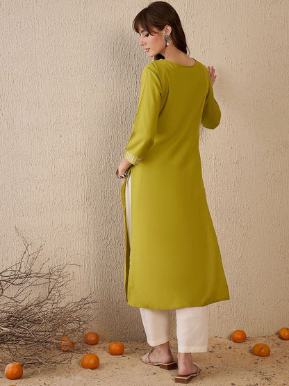 Dhiyona IE Ethnic Motifs Embroidered Thread Work Notch Neck Straight Kurta