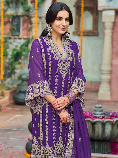 Floral Embroidered V-Neck Zari Organza Straight Kurta With Trousers And Dupatta