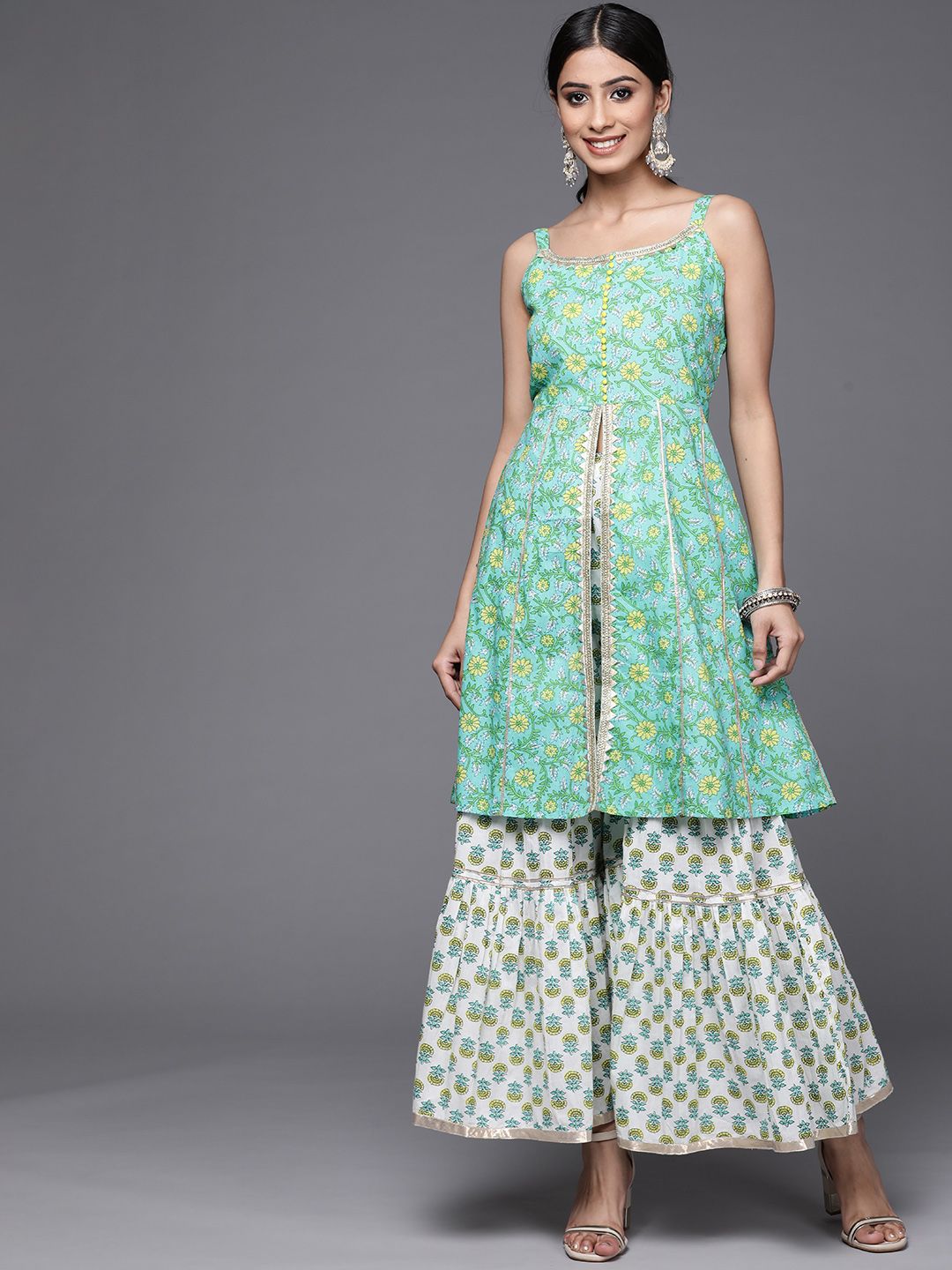 Dhiyona VA Women's Sea Green & White Floral Printed Gotta Patti Pure Cotton Kurta with Sharara