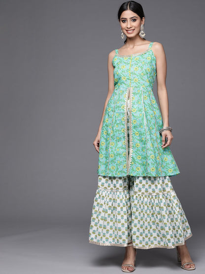 Dhiyona VA Women's Sea Green & White Floral Printed Gotta Patti Pure Cotton Kurta with Sharara