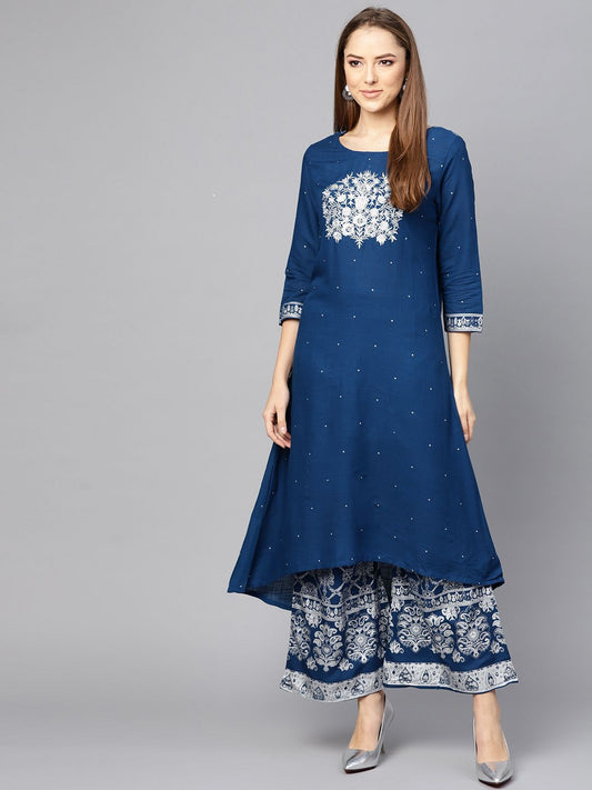 Dhiyona IS Women's Women Blue Printed Kurta with Palazzos