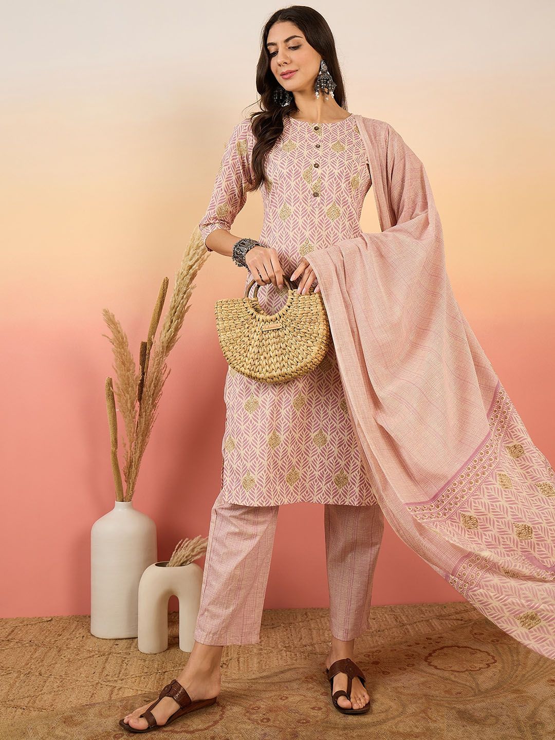 Dhiyona SN Women's Ethnic Motifs Printed Pure Cotton Kurta with Trousers & Dupatta