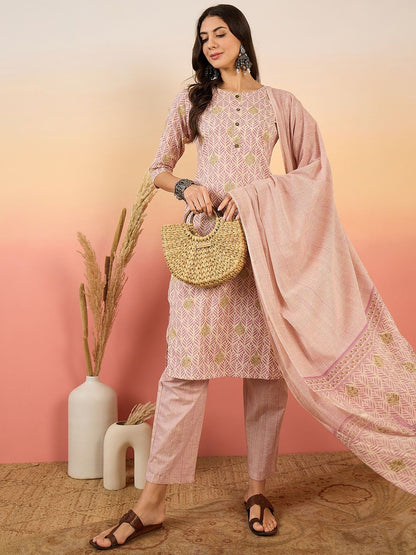 Dhiyona SN Women's Ethnic Motifs Printed Pure Cotton Kurta with Trousers & Dupatta