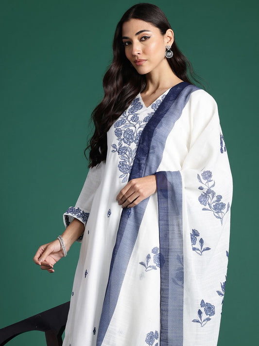 Dhiyona IE Floral Embroidered Thread Work Pure Cotton Kurta with Trousers & With Dupatta