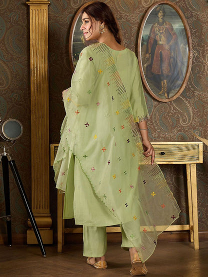 Dhiyona IE Floral Embroidered Mirror Work Straight Kurta With Trousers & Dupatta