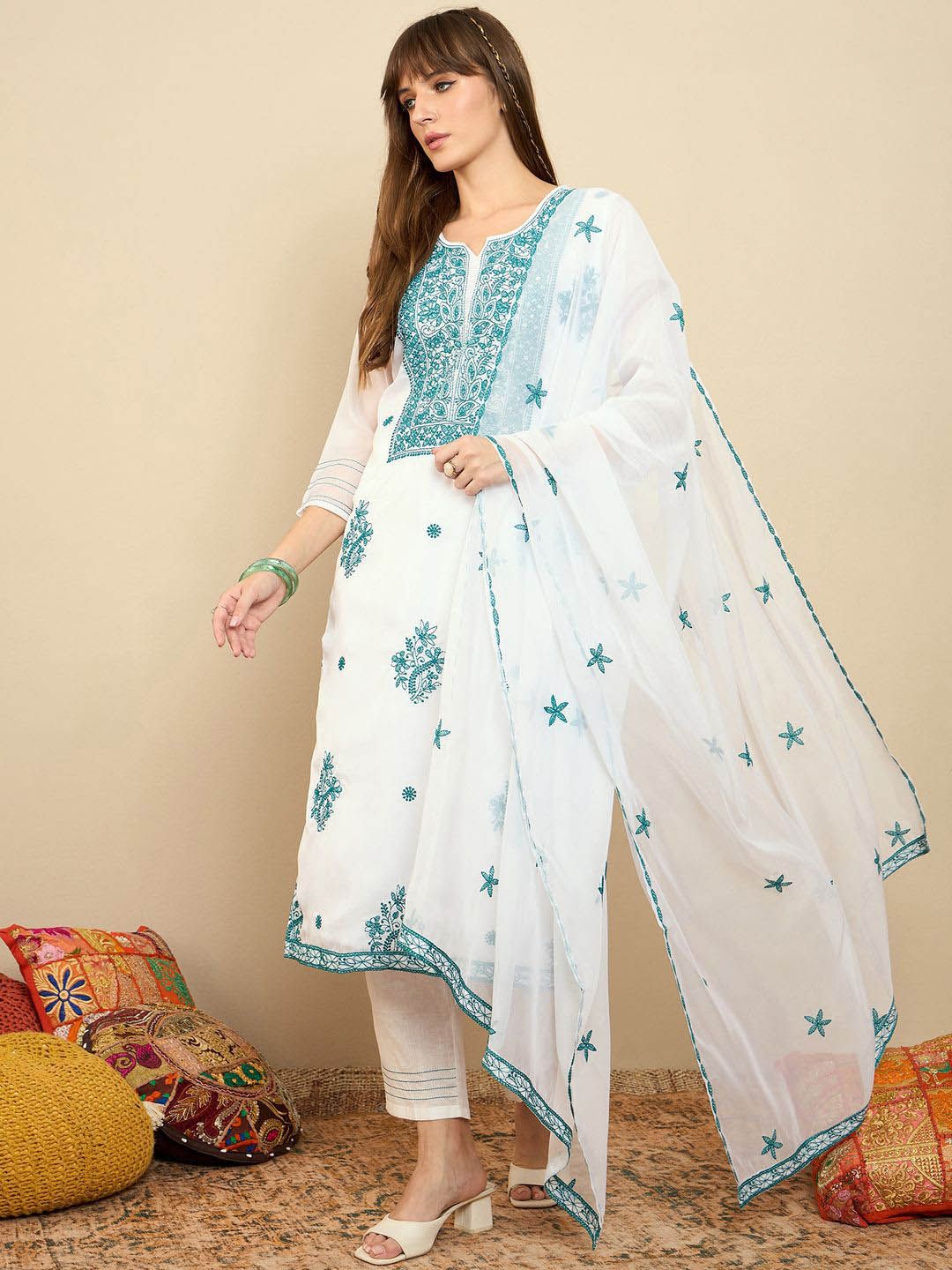 Dhiyona IE Floral Embroidered Thread Work Organza Straight Kurta With Trousers & Dupatta
