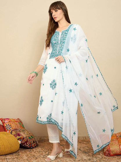 Dhiyona IE Floral Embroidered Thread Work Organza Straight Kurta With Trousers & Dupatta