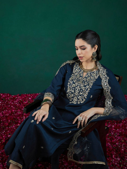 Dhiyona IE Floral Embroidered Regular Thread Work Liva Kurta With Trousers & Dupatta