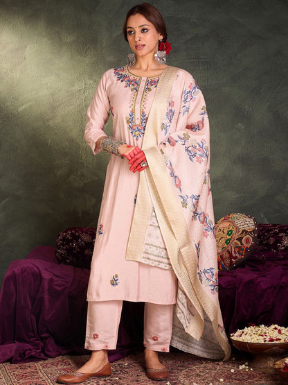 Dhiyona IE Floral Embroidered Thread Work Straight Kurta With Trousers And Dupatta