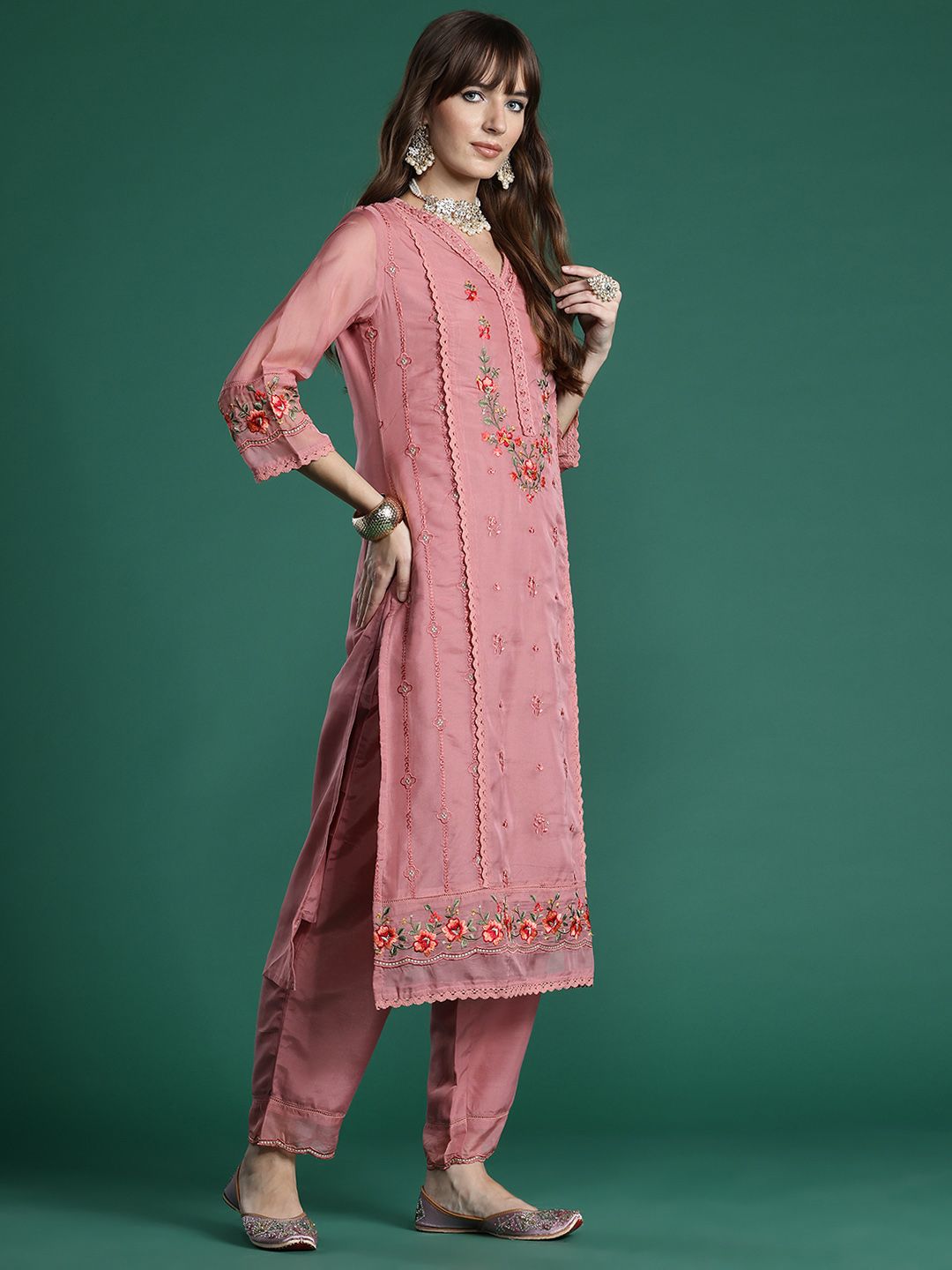 Floral Embroidered Thread Work Kurta with Trousers & With Dupatta
